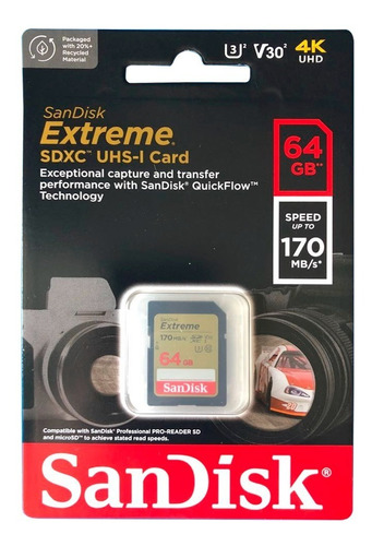 Memoria Sandisk Sd Extreme 64gb 4k Uhs-i Cl-10 U3 170mbs Ama