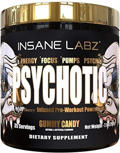 Suplemento en polvo Insane Labz Psychotic Gold cafeína sabor puñetaso azul en pote de 203g