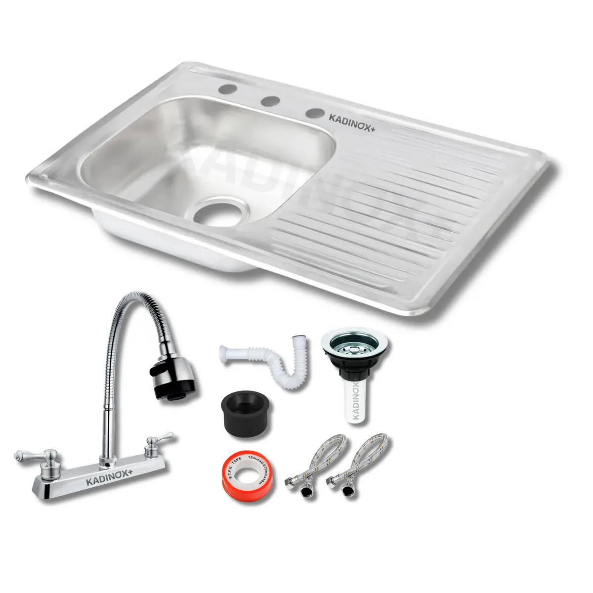 Fregadero Tarja Kadinox Plus Para Cocina De Empotrar Acero Inoxidable 80x50 Cm Con Kit De Instalacion Y Mezcladora Flexible Escurridor Derecho
