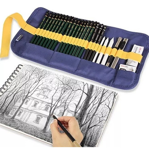 Set Dibujo Artistico 27 Piezas Lapices Grafito Gomas Arte Trazo Azul