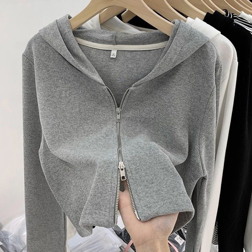 Chaqueta Corta Con Capucha Y Cremallera Para Mujer