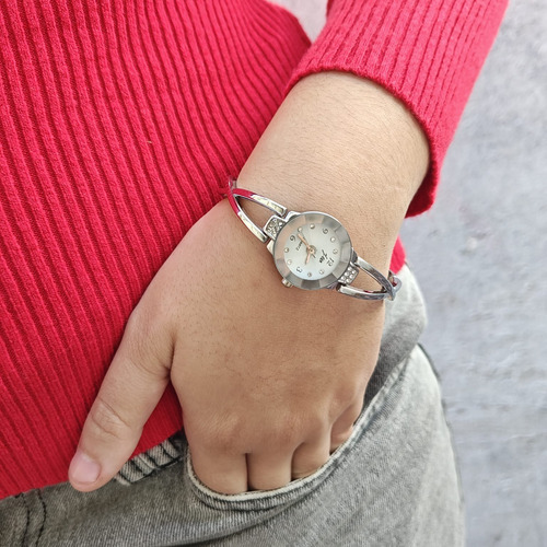 Reloj Pulsera Mujer Acero Elegante Con Strass Plateado Plateado Blanco