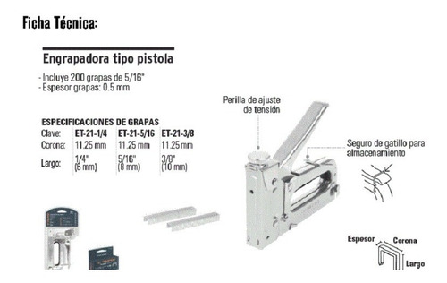 Engrapadora Tipo Pistola Et-21 Truper (¼' 5/16' 3/8' )