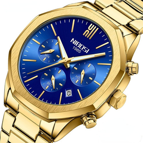 Nibosi Men Relógios De Quartzo Com Cronógrafo De Luxo Cor Do Fundo Gold/blue