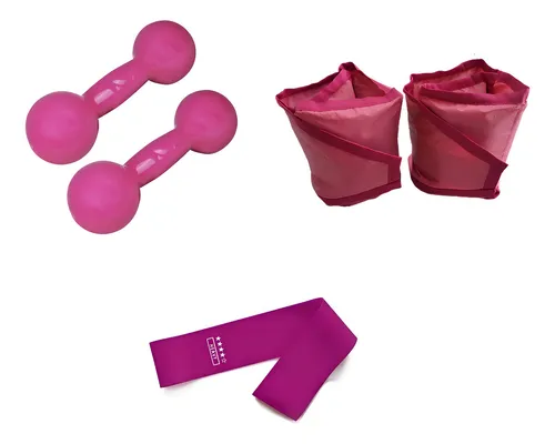 Kit Combo Par Halter 2 Kg + Caneleira 2 Kg + Elástico Treino Rosa