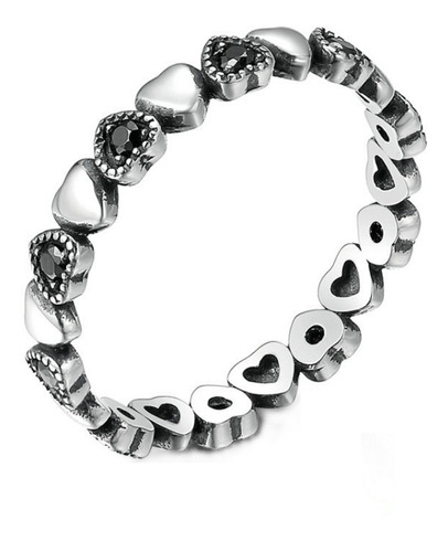 Anillo Plata Corazones Negros Apilable Estilo Pandora