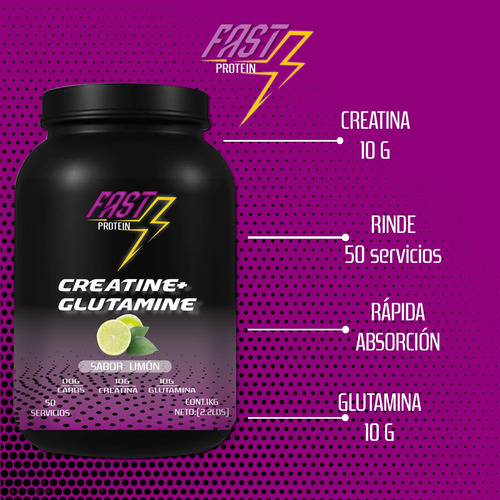Creatina + Glutamina Fast Protein 1 Kg 50 Servicios Limón