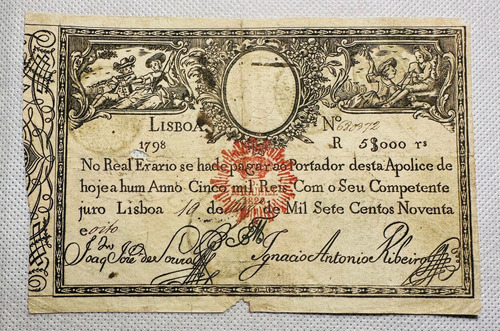 Portugal, 1798. Billete De 5 Mil Reis. Resellado