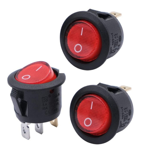 Tecla Llave Switch Redonda 20mm Luz Roja 250v 6a - Pack X3