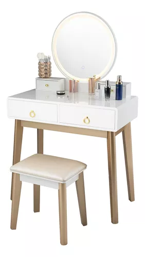 Escritorio de maquillaje de madera redonda de color blanco, mesa  de maquillaje de esquina grande, tocador, escritorio de maquillaje con espejo  sin luces y 3 cajones de almacenamiento, 1 escritorio y