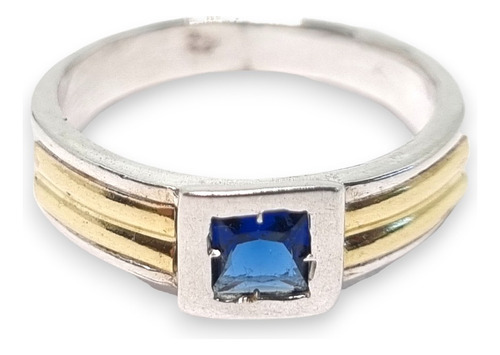 Anillo Plata Y Oro Con Cubic Azul Cuadrado