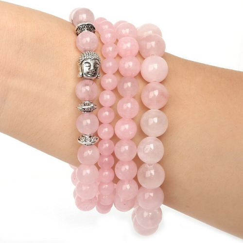 Set X4 Pulseras Piedra Natural Cuarzo Rosa Separador Buda