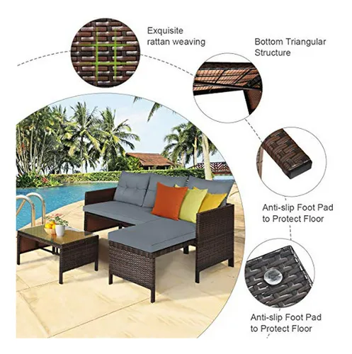 Set De Sofás Patio 3 Piezas Rattan Wicker Con Mesa Y Cojines