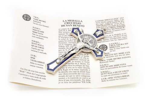 Imagem 6 de 6 de Crucifixo São Bento Prateado - Detalhe Em Resina Azul