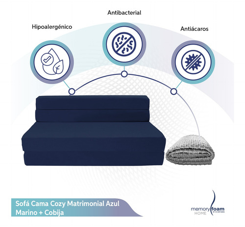 Sofá Cama Matrimonial Cozy Plegable + Cobija Gris Fleece Azul Marino Liso