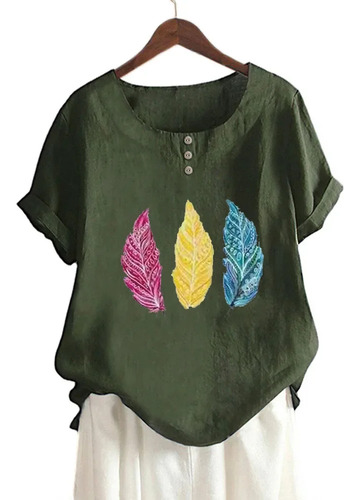 Camiseta Casual Holgada Con Estampado De Hojas En Mezcla De
