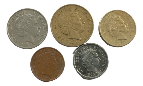 5 Monedas De New Zelanda Diferentes 10-20-50-cent 1-2 Dollar (Usado)