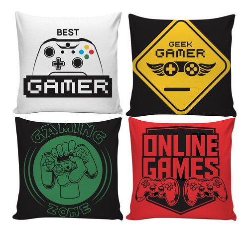 Kit 4 Capas Almofadas Gamer Geek Decorativas C/ Zíper 45x45