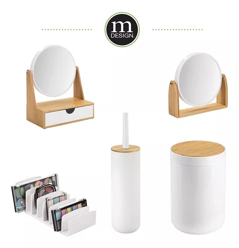 mDesign - Pequeña papelera de plástico redonda, contenedor de basura con  tapa giratoria de bambú para baños, cocinas, oficinas en el hogar, 1.3