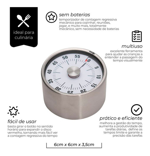 Timer Temporizador Inox Tempo Máximo 1 Hora Mimo Style