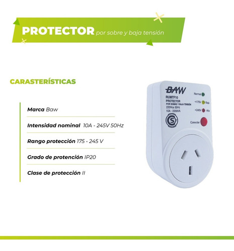 Imagen 3 de 8 de Protector De Tensión 2200w Toma 10amp Baw