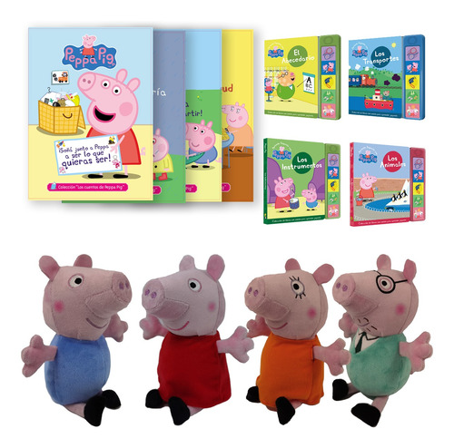 Peluches Familia Peppa Pig X 4 - 20 Cm + 4 Libros Con Sonido