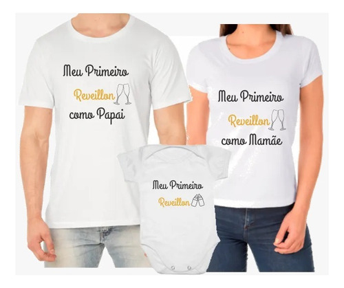 Kit Trio Camiseta Body Bebe Branco Ano Novo 2024 Familia