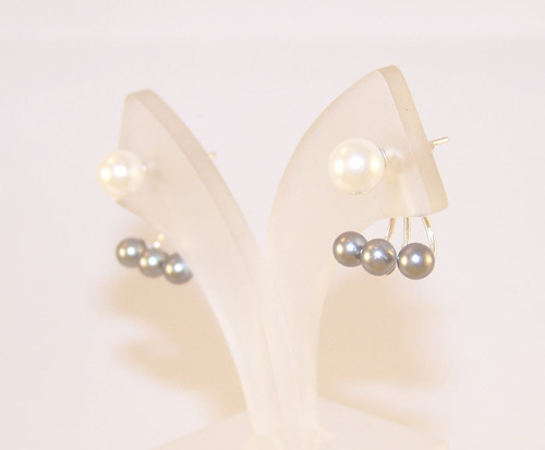 Aros Plata 925 Perlas Blanco Y Gris Escrita