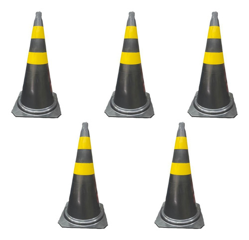 Kit 05 Cone De Sinalização Pvc 50cm Preto E Amarelo Transito