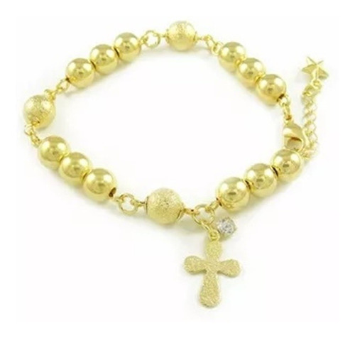 Pulseira Terço Religioso Bolas Dourado Folheado Ouro 18k