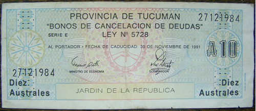 Imagen 1 de 2 de Argentina 10 Australes 1989 * Bono Cancelacion Deuda Tucuman
