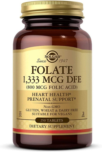 Folato 1333 Mcg Dfe Acido Folico 800 Mg Solgar 250 Tabletas