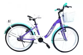 Bicicleta paseo femenina Power Bike Lady R20 frenos v-brakes color morado/turquesa con pie de apoyo