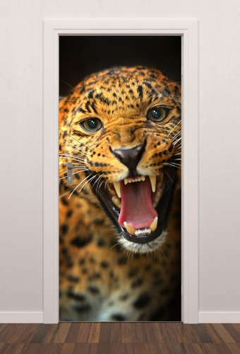 Imagem 1 de 8 de Adesivo Decorativo De Porta Felino Onça Leopardo 3d Quarto
