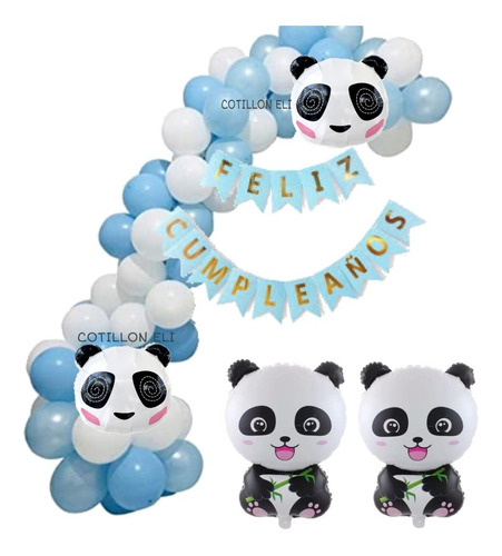 Combo Decoracion Cumpleaños  Oso Panda Arco Globos Celeste