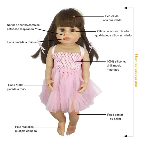 Imagem 2 de 8 de Boneca Bebê Reborn Menina Silicone 48cm Olhos Castanho Ig520