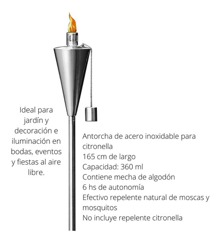 Imagen 2 de 10 de Antorcha Acero Inoxidable 1.65 P/ Citronella Exterior Deco