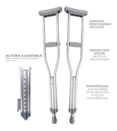 Muletas Axilares Ajustables De Aluminio Por Tamaños Ch-m-l Color Plateado