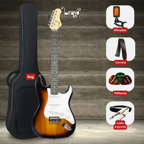 Kit Guitarra Stratocaster Iniciante Estudante Acessórios Cor Sunburst Orientação Da Mão Destro Bravo Beg100
