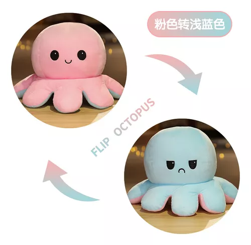 El peluche de pulpo reversible original - Diseño patentado - Azul + azul  claro - Feliz + Triste - ¡Muestre su estado de ánimo sin decir una palabra!