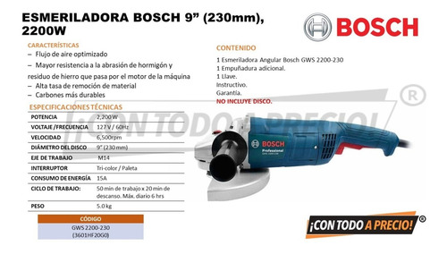 Esmeriladora Angular 9 PuLG Bosch Gws 2200-230 2200w