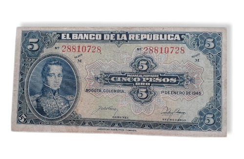 Billete De 5 Pesos Oro De 1945