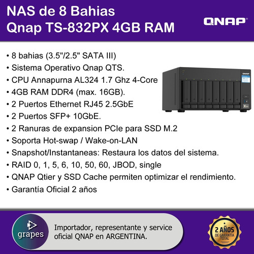 Nas 8 Bahias Qnap Ts832px 4gb Ram - Raid 2.5gbe Sfp+ 10gbe