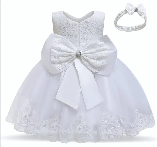 Vestido Niña Blanco Bautizo Encaje Y Cintillo Talla 2 A 5 | ROSAYAZULCHILE