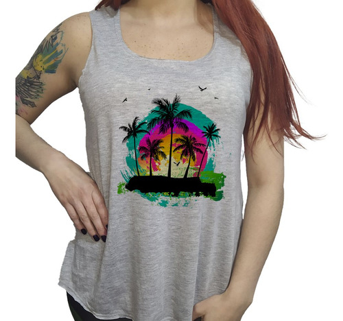 Musculosa Acampanada Palmeras Color Watercolor Playa Tropica