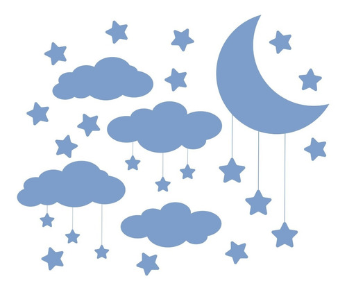 Adesivo De Parede Infantil Nuvens Lua E Estrelas Azul