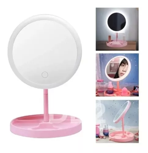  Espejo de tocador con luz LED, espejo de maquillaje con carga  USB, espejo de tocador, soporte para cambio de luz táctil, espejos de  maquillaje de escritorio (color rosa, tres luces) 