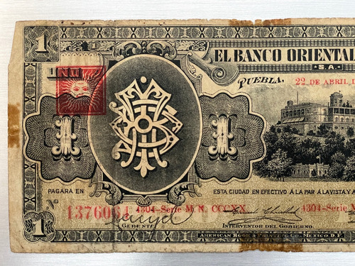 Billete 1 Peso Banco Oriental De Mexico, 1914 (Usado)