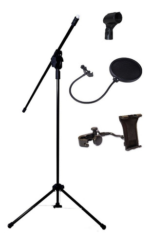 Pedestal P/ Microfone C/ Pop Filter + Suporte De Celular Tab