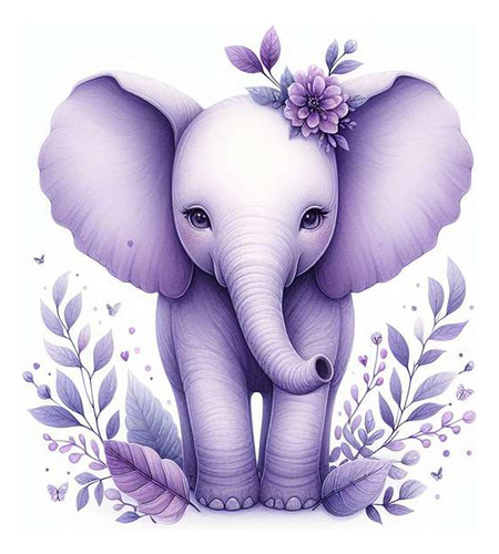 Vinilo 30x30cm Elefante Tierno Flores Plantas Dibujo